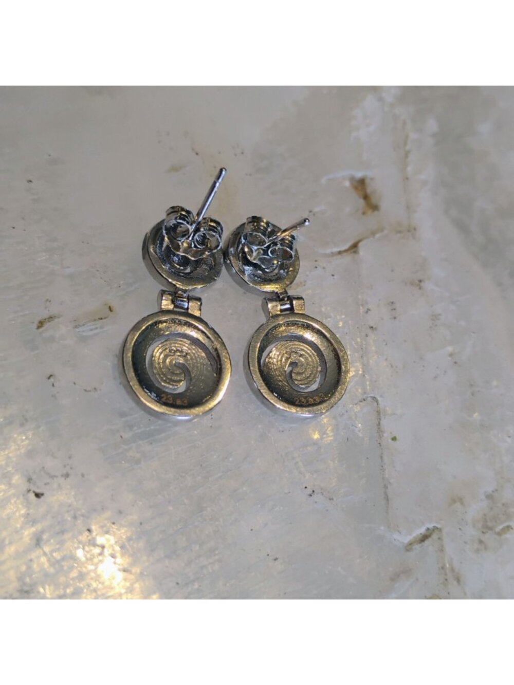 Greek Sterling Silver Blue Opal Double Swirl Meandros Dangle Earrings - Picture 6 of 7